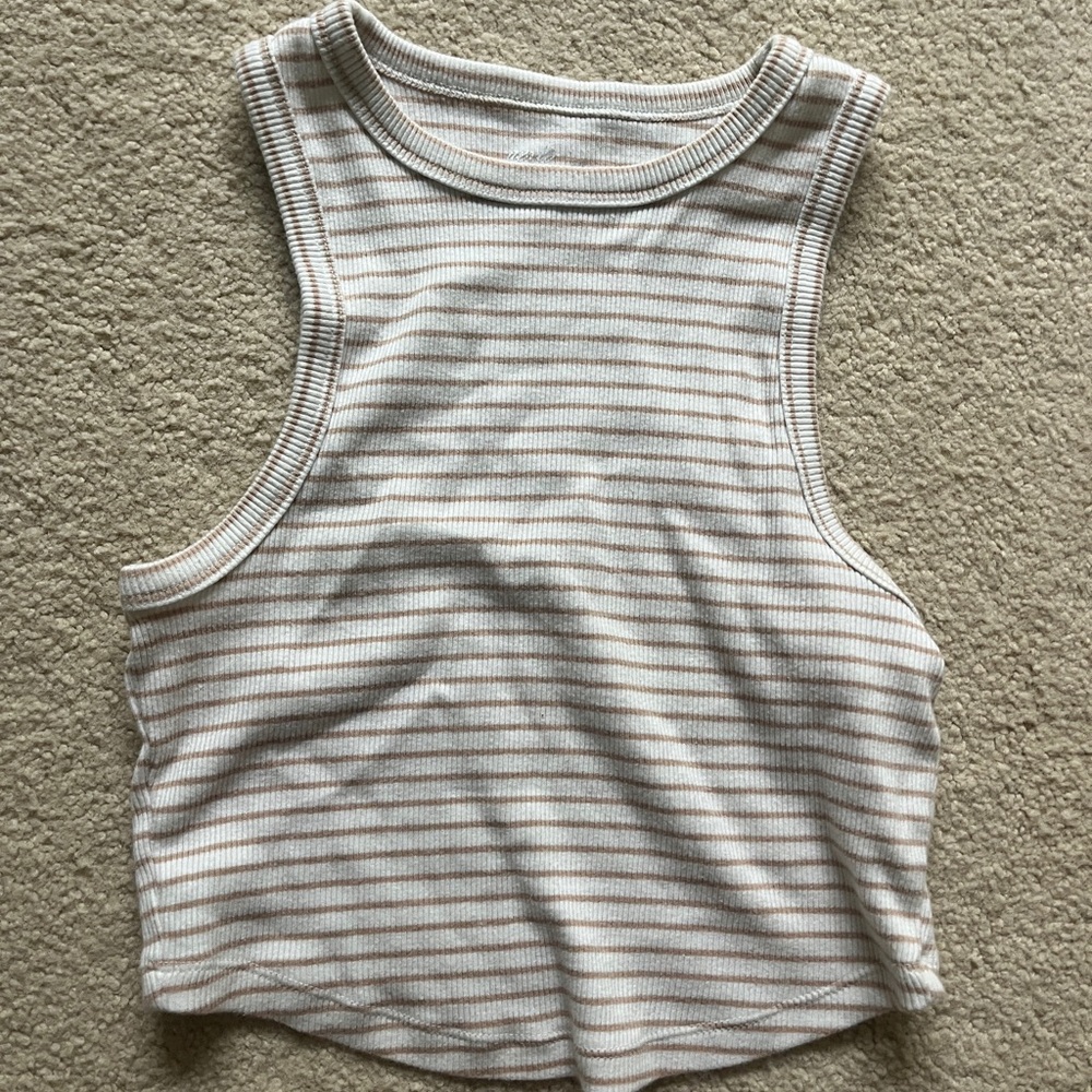 Aerie Tan and White Striped Crop Tank Top